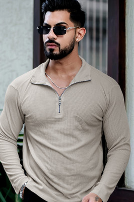 HOODLER Solid Men Polo Neck Beige T-Shirt