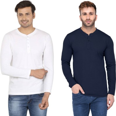 Adorbs Solid Men Henley Neck Dark Blue, White T-Shirt