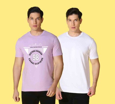 WOOSTRO Printed, Solid Men Round Neck White, Purple T-Shirt
