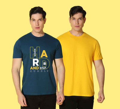 WOOSTRO Typography Men Round Neck Yellow, Navy Blue T-Shirt