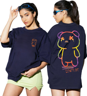 Leotude Printed Women Round Neck Navy Blue T-Shirt