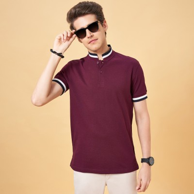 Byford by Pantaloons Solid Men Mandarin Collar Red T-Shirt