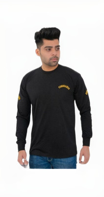 O-MART Embroidered Men Round Neck Black, Yellow T-Shirt