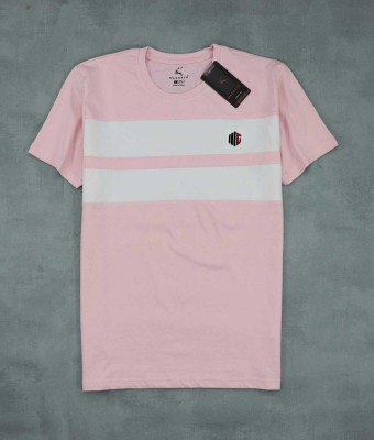 Magneto Striped Men Round Neck White, Pink T-Shirt