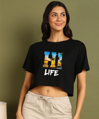 Moda Rapido Printed Women Round Neck Black T-Shirt