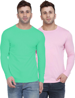 Kroptee Solid Men Round Neck Light Green, Pink T-Shirt