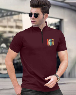 FastColors Printed Men Mandarin Collar Maroon T-Shirt