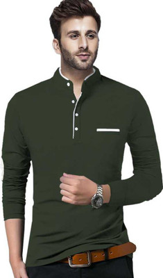 JB Jagoboy Solid Men Mandarin Collar Dark Green T-Shirt