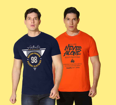 WOOSTRO Printed Men Round Neck Blue, Orange T-Shirt