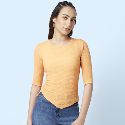 SF Jeans by Pantaloons Self Design Women Round Neck Orange T-Shirt