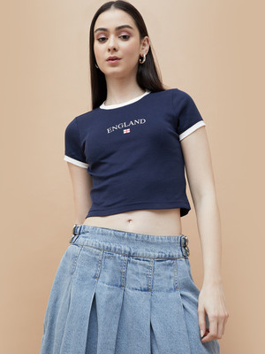 Ginger by Lifestyle Printed Women Round Neck Blue T-Shirt