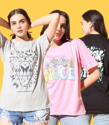 SwellSwag Typography Women Round Neck Grey, Pink, Black T-Shirt