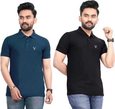 ELEGORY Solid Men Polo Neck Blue, Black T-Shirt