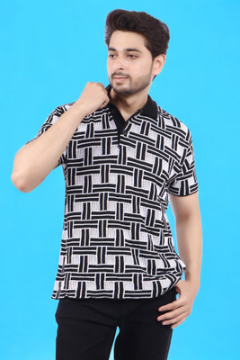 LWALS Printed Men Mandarin Collar Black, White T-Shirt