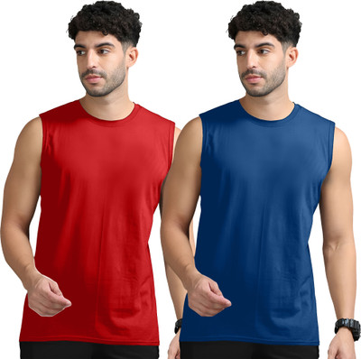 Adorbs Solid Men Round Neck Red, Dark Blue T-Shirt