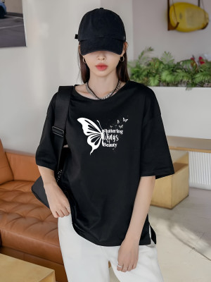 MAJESTIC FASHION Printed Women Round Neck Black T-Shirt