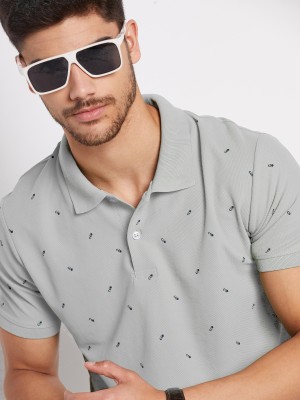 RISS Printed Men Polo Neck Grey, Dark Blue T-Shirt