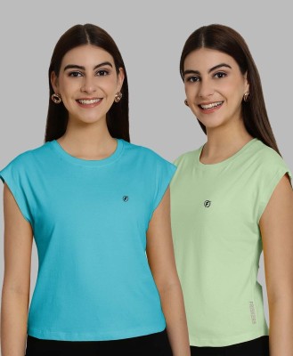 FRISKERS Solid Women Round Neck Blue, Light Green T-Shirt