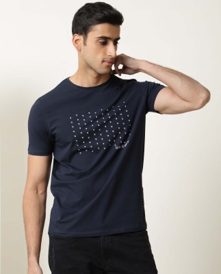 RARE RABBIT Printed Men Round Neck Navy Blue T-Shirt