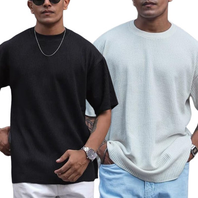 Ppenterises Solid Men Round Neck Black, White T-Shirt