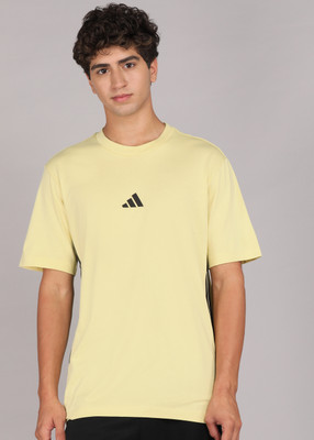 ADIDAS Striped Men Crew Neck Yellow T-Shirt