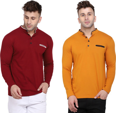 GEUM Solid Men Mandarin Collar Gold, Maroon T-Shirt