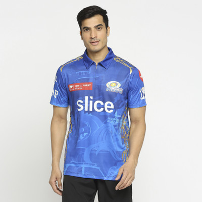 playR X Mumbai Indians Solid Men Polo Neck Blue T-Shirt