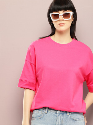 DILLINGER Solid Women Round Neck Pink, Red T-Shirt