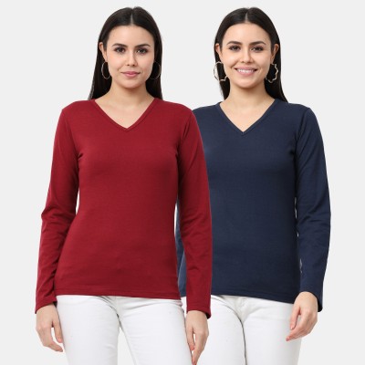 Wafaa Solid Women V Neck Maroon, Navy Blue T-Shirt