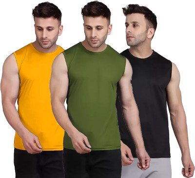 Think Tech Solid Men Round Neck Yellow, Dark Green, Black T-Shirt