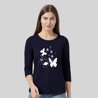 Nilan Tees Wear Printed Women Round Neck Navy Blue T-Shirt