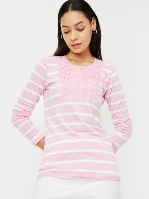 MAX Printed Women Round Neck Pink T-Shirt