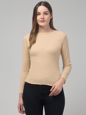 Ektaking Solid Women Round Neck Beige T-Shirt