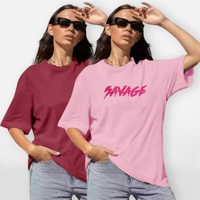 METRONAUT Printed Women Round Neck Pink, Red T-Shirt