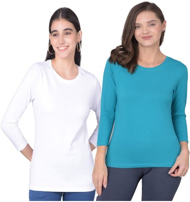 Comfort Lady Solid Women Round Neck White, Light Blue T-Shirt