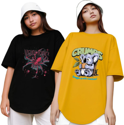 R S Fashion Printed Women Round Neck Black, Yellow T-Shirt