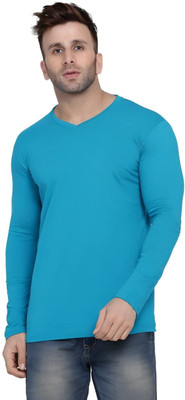 Bumchums Solid Men V Neck Blue T-Shirt