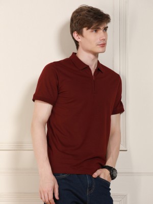 Dennis Lingo Solid Men Polo Neck Maroon T-Shirt