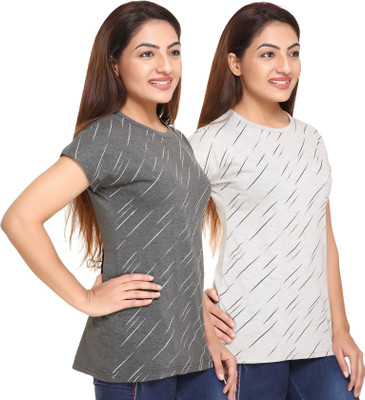 SHAUN Self Design Women Round Neck Grey T-Shirt