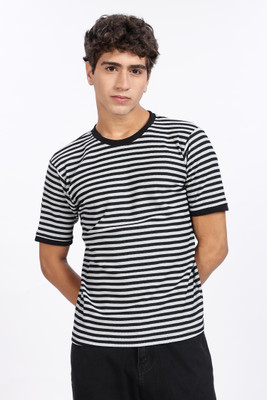 PEELY Striped Men Round Neck Black, Grey T-Shirt