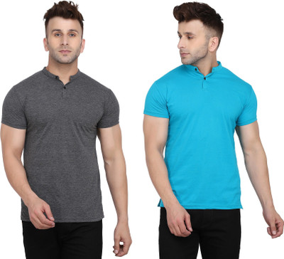 Money Leaf Solid Men Mandarin Collar Light Blue, Grey T-Shirt