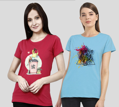 METRONAUT Printed Women Round Neck Pink, Light Blue T-Shirt