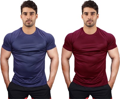 UDI n ADI Solid Men Round Neck Navy Blue, Maroon T-Shirt