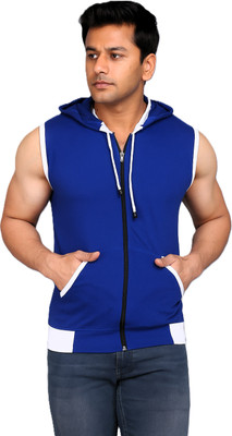 VASTRAART Solid Men Hooded Neck Blue, White T-Shirt