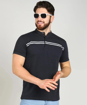 Alan Jones Striped Men Mandarin Collar Grey T-Shirt