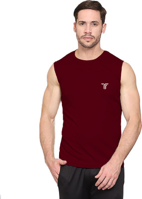 Think Tech Solid Men Round Neck Maroon T-Shirt