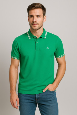 DAUACE Solid, Striped Men Polo Neck Green T-Shirt