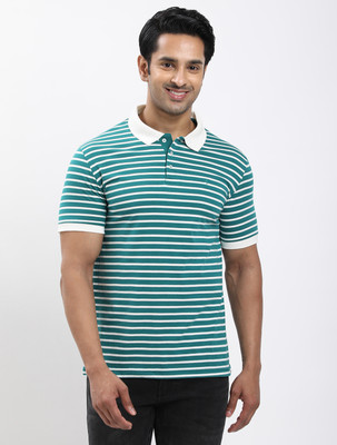 INDIAN TERRAIN Striped Men Polo Neck Blue T-Shirt