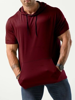 Eddicted Solid Men Hooded Neck Maroon T-Shirt