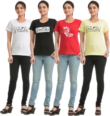 STYLE AK Printed Women Round Neck White, Black, Red, Yellow T-Shirt